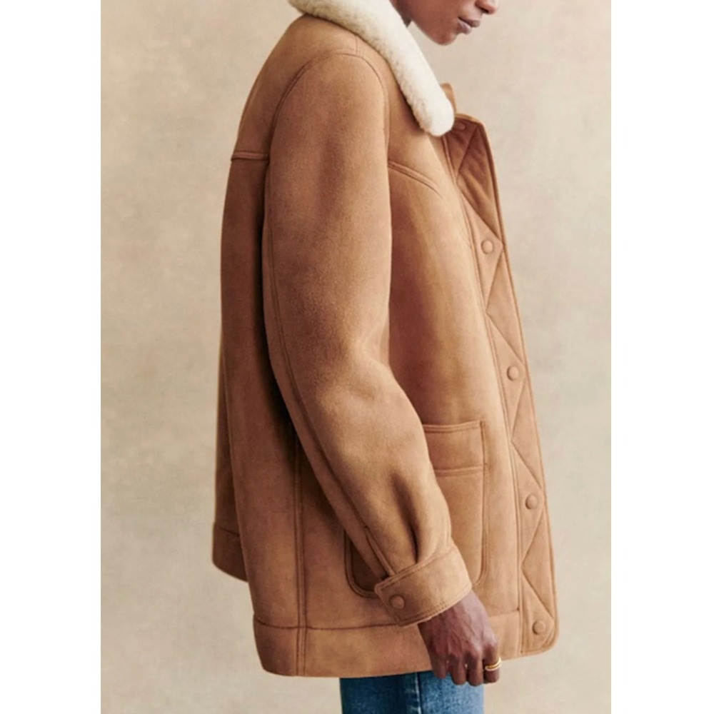Sezane Nico Jacket Caramel Ecru Lamb Leather Shearling Suede Coat US 2 FR 34 NEW